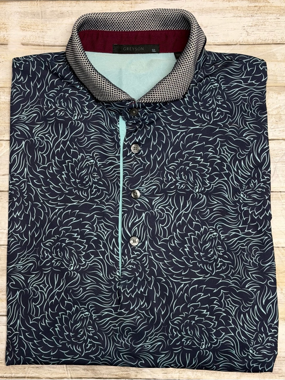 Greyson Den of Thieves Navy Polo with Light Aqua Swirl Motif XL